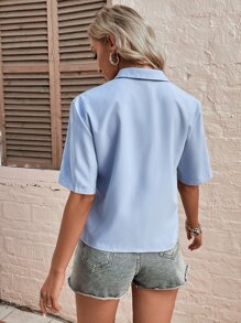 SHEIN Unity Lapel Collar Button Front Blouse - Baby Blue - View 2