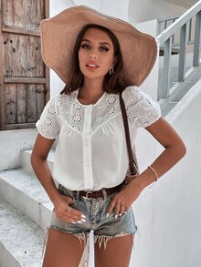 素色網眼刺繡前排扣襯衫 - 白色 - 查看 6