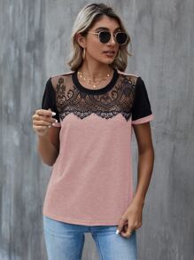 Áo thun nữ Tương phản ren Khối Màu Giải trí - Màu Hồng baby - Xem 4