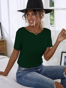 Camiseta con encaje floral con tira cruzada - Verde Oscuro - Ver 4