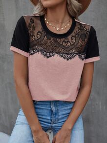 Áo thun nữ Tương phản ren Khối Màu Giải trí - Màu Hồng baby - Xem 6