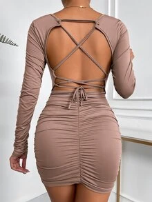 SHEIN SXY Vestido ajustado de espalda abierta con cordón fruncido - Marrón Mocha - Ver 2