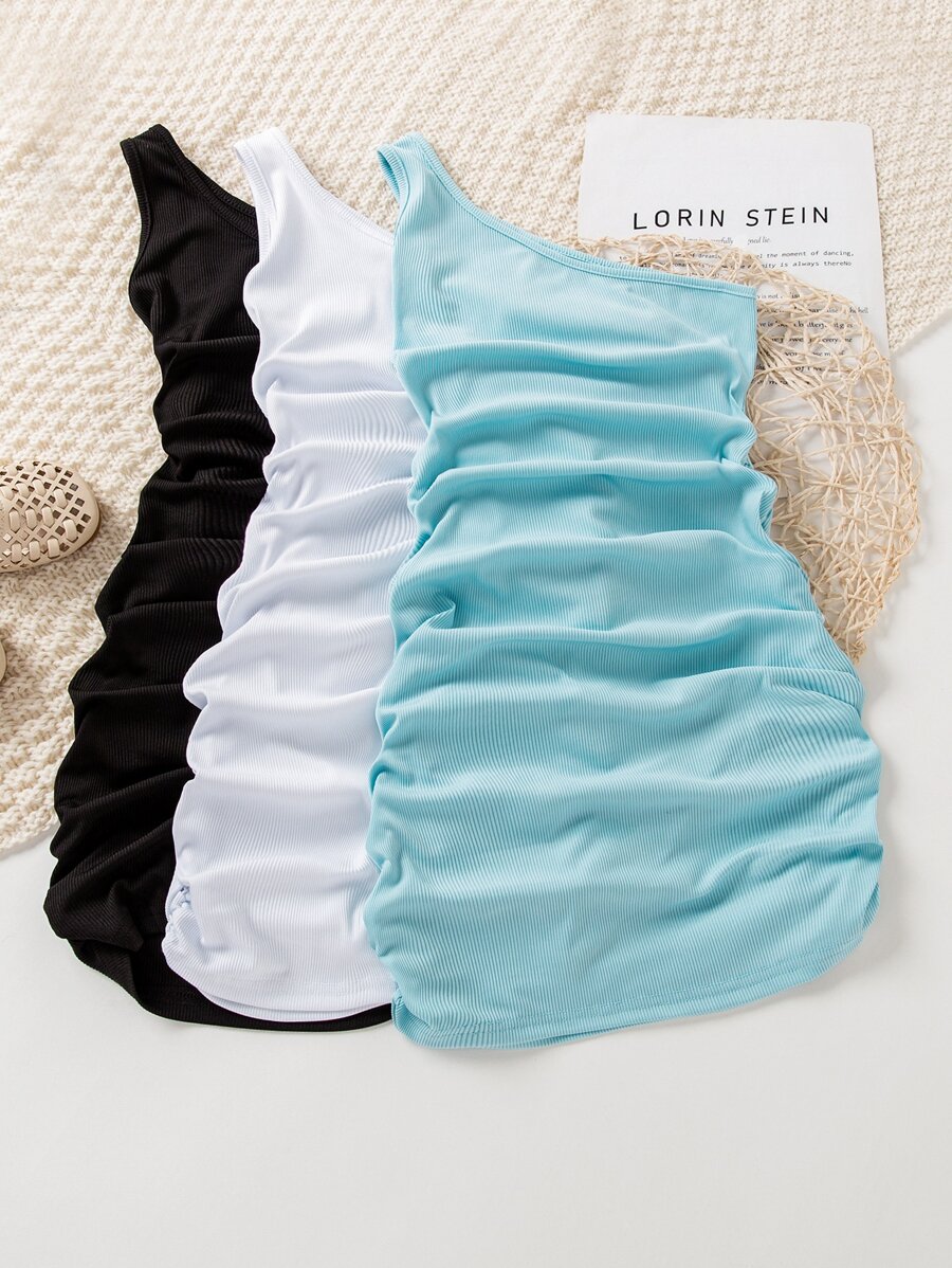 SHEIN Young Girl 3pcs One Shoulder Ruched Side Rib Knit Dress - Multicolor - View 1