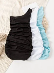 SHEIN Young Girl 3pcs One Shoulder Ruched Side Rib Knit Dress - Multicolor - View 2