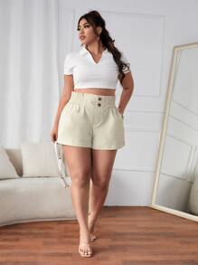 SHEIN Essnce Plus Paperbag Waist Shorts - Beige - View 5