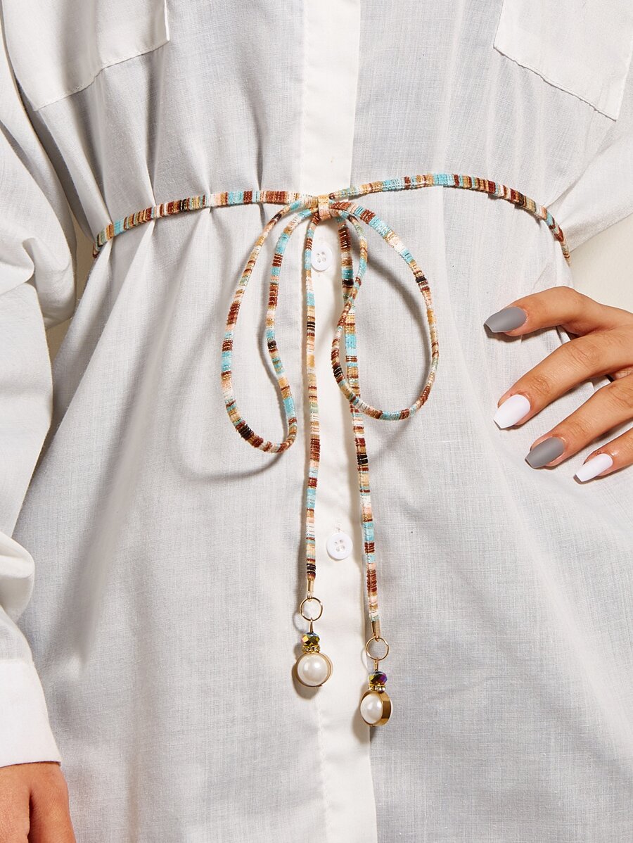 人造珍珠裝飾繩帶腰帶 - 彩色 - 查看 1