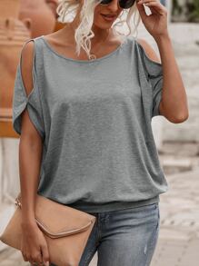 SHEIN LUNE Camiseta unicolor de hombros descubiertos con cordón trasero - Gris - Ver 3