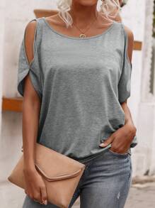 SHEIN LUNE Camiseta unicolor de hombros descubiertos con cordón trasero - Gris - Ver 4