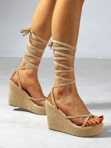 打結設計坡跟綁帶涼鞋 - 杏色 - 查看 2