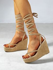 打結設計坡跟綁帶涼鞋 - 杏色 - 查看 3