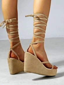 打結設計坡跟綁帶涼鞋 - 杏色 - 查看 5