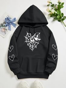 SHEIN EZwear Heart & Spiderweb Print Kangaroo Pocket Drawstring Thermal Hoodie - Black - View 1