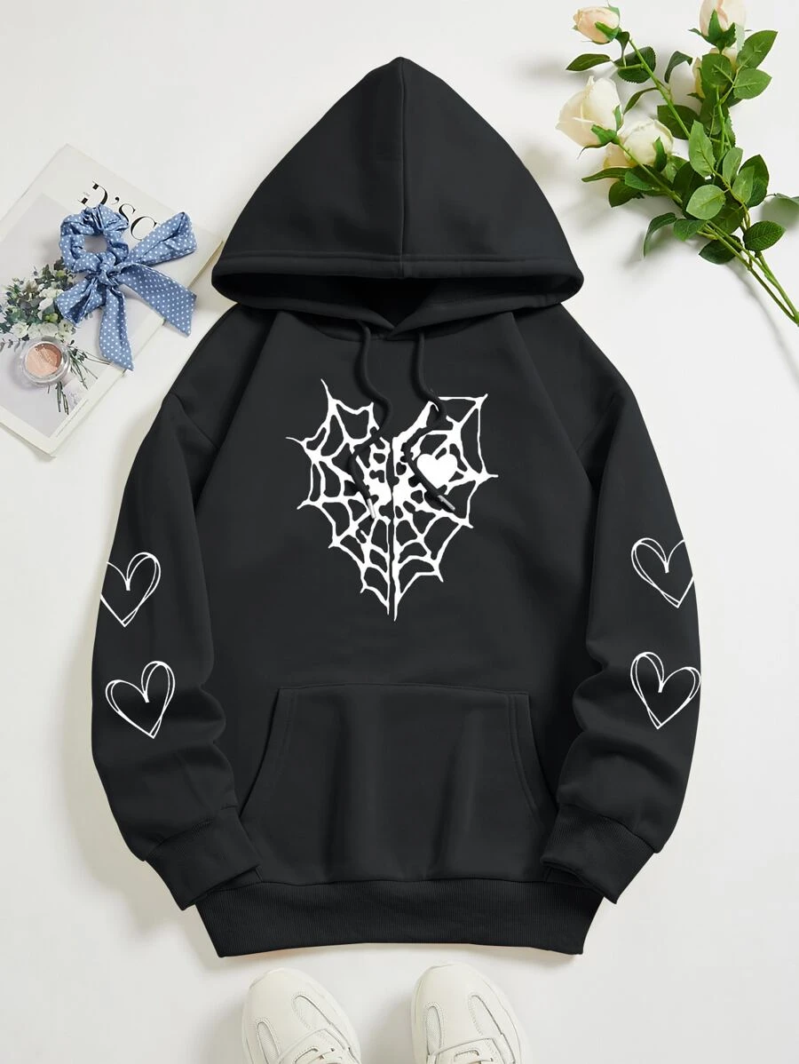 SHEIN EZwear Heart & Spiderweb Print Kangaroo Pocket Drawstring Thermal Hoodie - Black - View 1