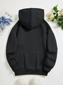 SHEIN EZwear Heart & Spiderweb Print Kangaroo Pocket Drawstring Thermal Hoodie - Black - View 2