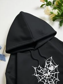 SHEIN EZwear Heart & Spiderweb Print Kangaroo Pocket Drawstring Thermal Hoodie - Black - View 6