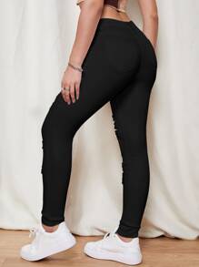 SHEIN EZwear Slant Pocket Ripped Skinny Jeans - Black - View 2