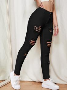 SHEIN EZwear Slant Pocket Ripped Skinny Jeans - Black - View 4