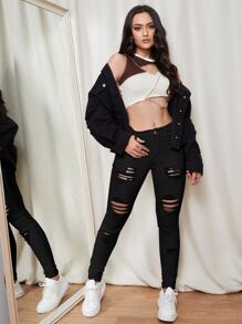 SHEIN EZwear Slant Pocket Ripped Skinny Jeans - Black - View 5