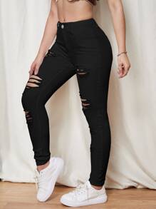 SHEIN EZwear Slant Pocket Ripped Skinny Jeans - Black - View 6