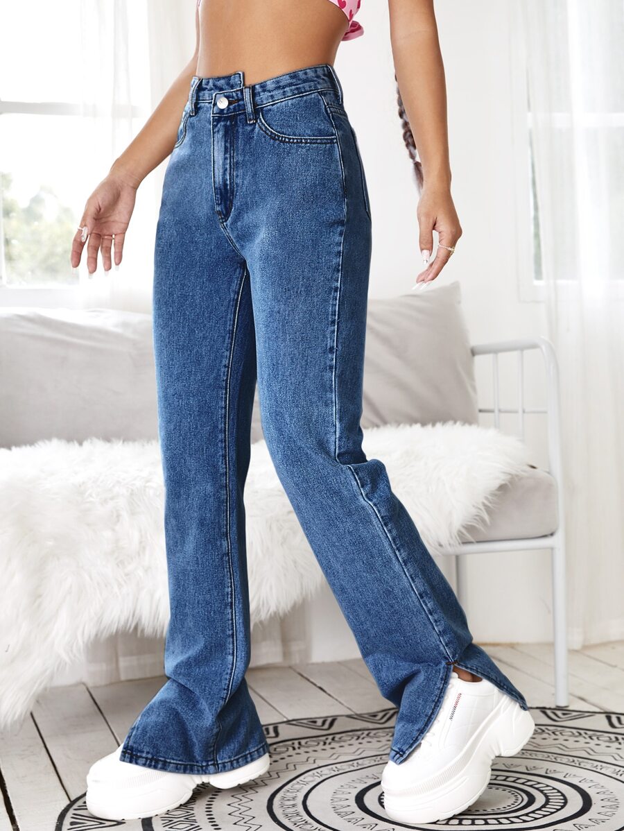 SHEIN EZwear Split Side Zipper Fly Boyfriend Jeans - Dark Wash - View 1