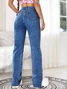 SHEIN EZwear Split Side Zipper Fly Boyfriend Jeans - Dark Wash - View 2