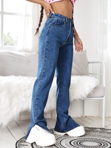 SHEIN EZwear Split Side Zipper Fly Boyfriend Jeans - Dark Wash - View 3