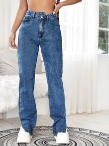 SHEIN EZwear Split Side Zipper Fly Boyfriend Jeans - Dark Wash - View 5
