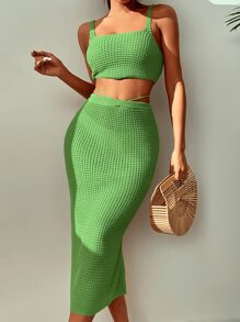 SHEIN Swim 2 Packs Knitted Cover Up Top With Skirt Set - Green - View 5
