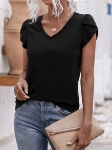 EMERY ROSE Petal Sleeve V Neck Tee