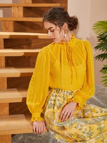 Mulvari 褶邊繫帶領上衣 - 黃色 - 查看 5