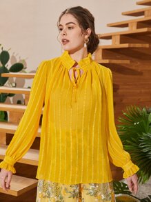 Mulvari 褶邊繫帶領上衣 - 黃色 - 查看 8