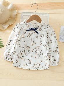 SHEIN 小女童印花燈籠袖木耳邊領蝴蝶結襯衫 - 白色 - 查看 1