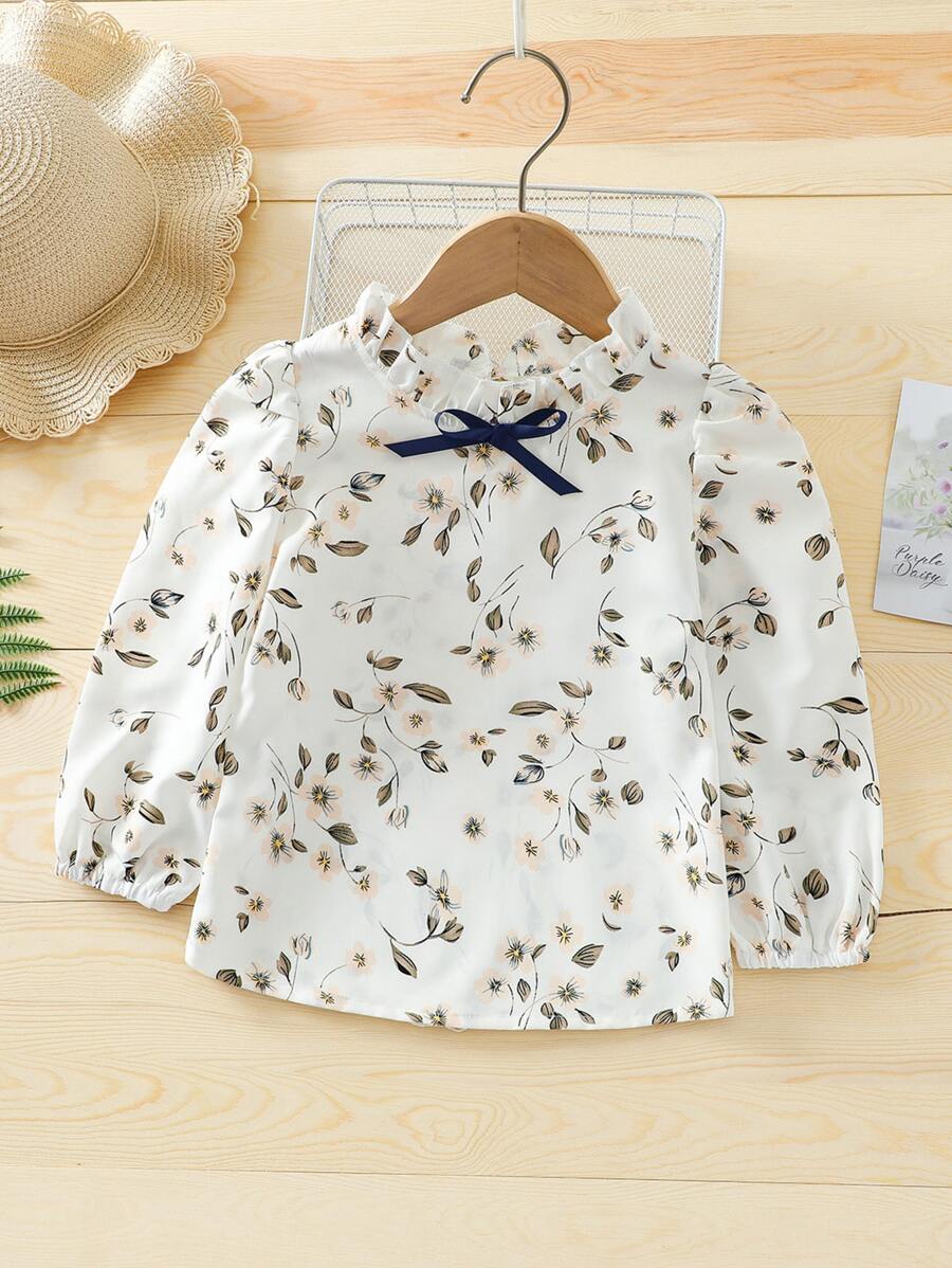 SHEIN 小女童印花燈籠袖木耳邊領蝴蝶結襯衫 - 白色 - 查看 1