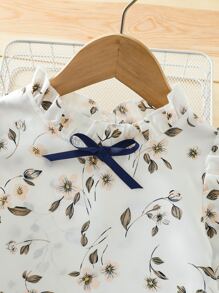 SHEIN 小女童印花燈籠袖木耳邊領蝴蝶結襯衫 - 白色 - 查看 3