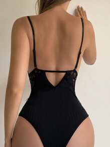 Body teddy de canalé con encaje floral - Negro - Ver 2