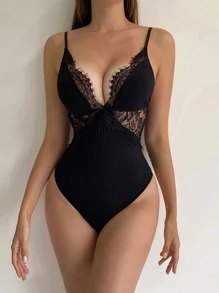 Body teddy de canalé con encaje floral - Negro - Ver 4