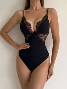 Body teddy de canalé con encaje floral - Negro - Ver 6