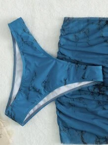 SHEIN Swim Summer Beach Marble Print Halter Micro Triangle Bikini With Beach Skirt - Blue - View 4