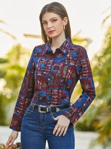 Mulvari Camisa con estampado de retazo con botón delantero - Multicolor - Ver 1