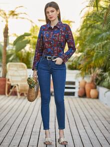 Mulvari Camisa con estampado de retazo con botón delantero - Multicolor - Ver 4