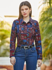 Mulvari Camisa con estampado de retazo con botón delantero - Multicolor - Ver 5