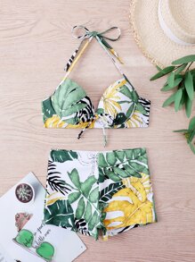 Tropical Print Tie Front Push Up Bikini - Multicolor - View 3