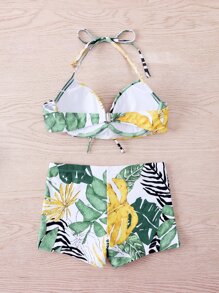 Tropical Print Tie Front Push Up Bikini - Multicolor - View 6