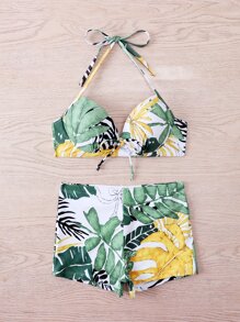 Tropical Print Tie Front Push Up Bikini - Multicolor - View 5
