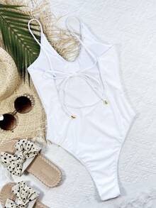 Plain Tie Back One Piece Swimsuit, For Summer Beach Vacation - White - View 2