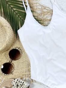 Plain Tie Back One Piece Swimsuit, For Summer Beach Vacation - White - View 3