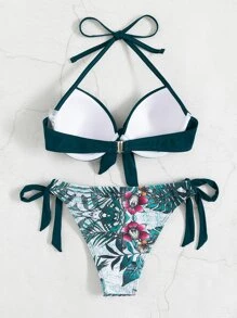 Conjunto de bikini estampado tropical con parte superior de sujetador con push up y nudo delantero, y Bottom de bikini con lazo lateral, 2 piezas, para playa de verano - Multicolor - Ver 3