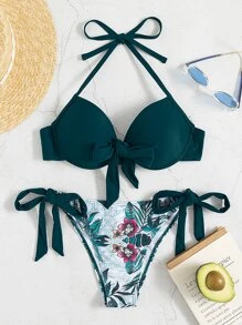 Conjunto de bikini estampado tropical con parte superior de sujetador con push up y nudo delantero, y Bottom de bikini con lazo lateral, 2 piezas, para playa de verano - Multicolor - Ver 4