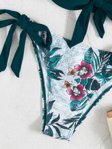 Conjunto de bikini estampado tropical con parte superior de sujetador con push up y nudo delantero, y Bottom de bikini con lazo lateral, 2 piezas, para playa de verano - Multicolor - Ver 6