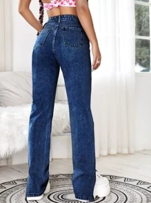 Jeans tipo boyfriend con abertura lateral con cremallera - Azul lavado oscuro - Ver 2